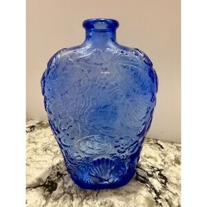 Vtg Cobalt Blue Glass Decanter W/Embossed Sea Shells Vase Jar Bottle
